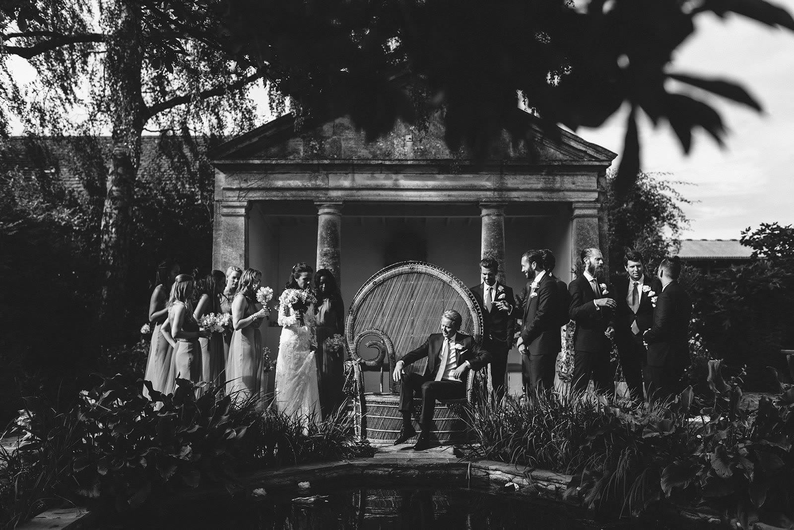 Nina and Erik’s wedding party in a garden pavilion, photographed by Thierry Joubert